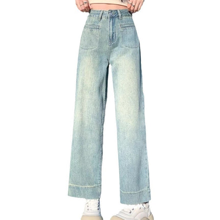 light blue Wide Leg Jeans Women's Fashion All-match New Light Color High Waist Slimming Small Men's Eight-and-Nine Straight Pants