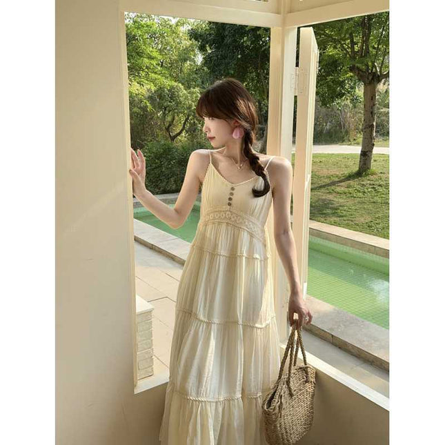 Plus Size French Gentle Style Off-White Suspender Skirt Feminine Goddess Style High Waist Lace Cardigan Suit Long Skirt