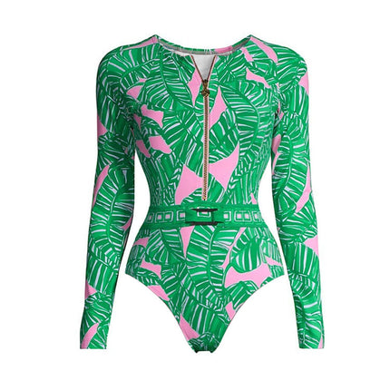 2025 European and American Swimwear New Long-Sleeved Zipper Green Printed Surf Suit Women's Cross-Border Hot Style 25150