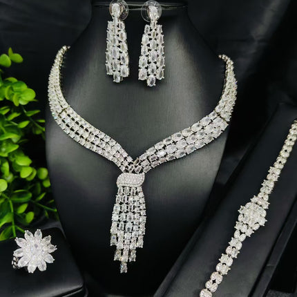 Brilliant Diamond-Filled Bridal Wedding Attire, Wedding Jewelry Set with Zircon Tassels, Jewelry Necklace, Earrings, Ring, Four-Piece Set