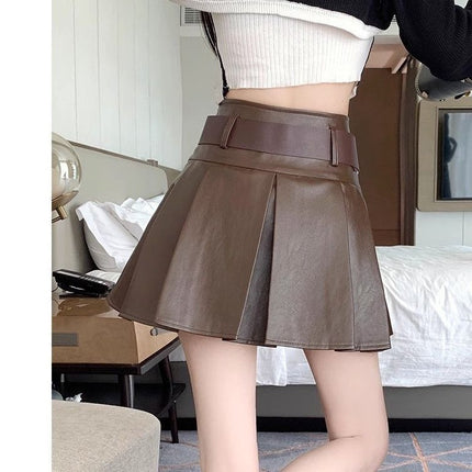 American-Style Pleated Skirt 2024 Autumn and Winter New Plus-Size High-Waisted Slimming Pu Short Pleated Skirt for Women