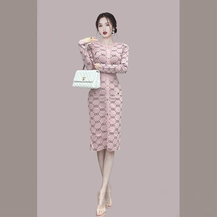 2025 Autumn/Winter Korean and Japanese Style Elegant Long Sleeve Slim Fit Versatile Bodycon Sweater Knit Dress 6241