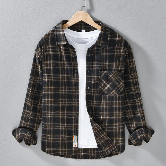 Autumn Men's Brushed Plaid Long-Sleeved Shirt Jacket Trendyy Casual Loose Versatile Young Men's Shirt 3306