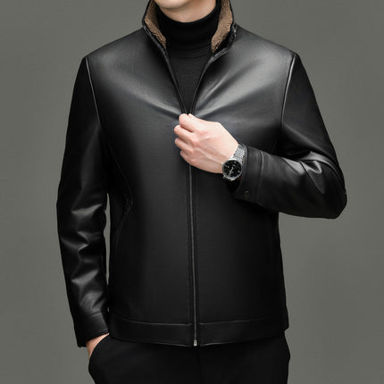 Men's Stand-Up Collar Leather Jacket Autumn and Winter Removable Liner Warm and Stylish Zipper Jacket Trendy Tops for Young and Middle-Aged People