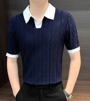 2025 Men's Knitted Polo Shirt Handsome Summer Trendy Men's Right Shoulder Shirt Collar American Zipper Lapel Stripesd T-Shirt