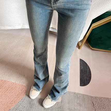Vintage Blue High Waist Burr-Edge Micro-Lar Jeans Women's Trendy All-Match New Slim-Fit Slimming Trumpet Long Pants