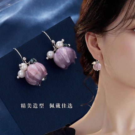 Vintage New Chinese Purple Glaze Flower Earrings Sweet All-match Natural Stone Earrings Earrings Distinctive Earrings