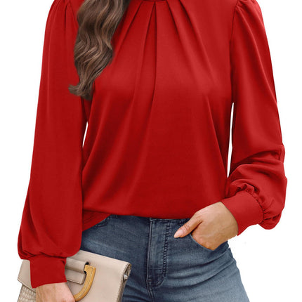 European and American Amazon Cross-Border Autumn and Winter New Long-Sleeved Shirt Small Stand-Up Collar Pleated Front Shirt Casual T-Shirt Top for Women