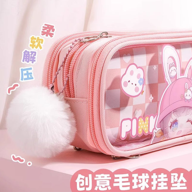 Promotional Classic Foldable Ear Sister Clever Sister Large Capacity Multi-Layer Sweet Style Girl Pom-Pom Lace Pain Pen Bag
