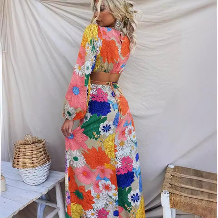 25Th European and American Export Autumn and Winter New Fashion Printed Round Neck Lantern Sleeve Long Waist Dress-23132