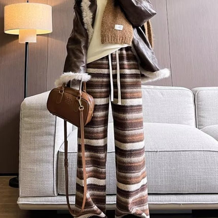 American Stripesd Wide-Leg Pants for Women in Autumn and Winter, Retro Ethnic Style Straight-Leg Glutinous Rice Pants for Girls, High-Waisted Casual Lazy Pants
