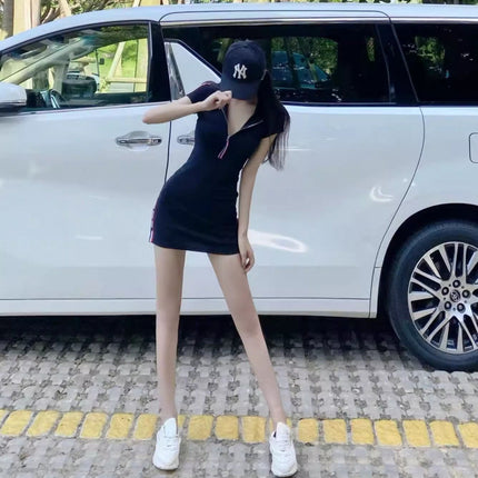 Hot Girls Summer New Sexy Figure Hooded Tight Low-cut V-neck Hip Short-sleeved dress Women
