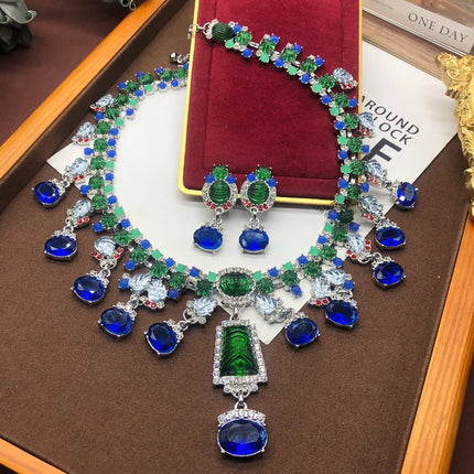 Western mid-ancient heavy industry blue rhinestone gem chain necklace earrings suit high-end exaggerated high-grade clavicle chain