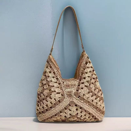Straw Bag Women's Large-Capacity Bag New Chinese Style Color Matching Shoulder Bag Summer Seaside Vacation Bag Woven Bag Armpit Bag