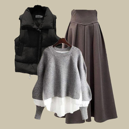Autumn and Winter Outfits for Women 2025 New Large Size Loose Fake Two-Piece Sweater Versatile Vest Slimming Look Skirt Three-Piece Set