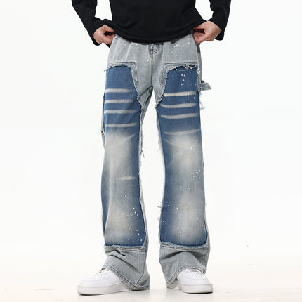 Contrast Color Stitching Cat Must Wash Water Denim Straight Pants Men's Trendy Brand Punk Splash Ink Spray Loose Casual Pants