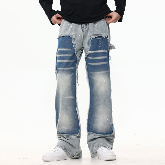 Contrast Color Stitching Cat Must Wash Water Denim Straight Pants Men's Trendy Brand Punk Splash Ink Spray Loose Casual Pants