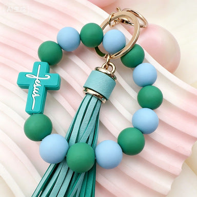 Cross-Border New Cross Silicone Bead Wrist Bracelet Keychain Handbag Leather Tassel Anti-Loss Pendant