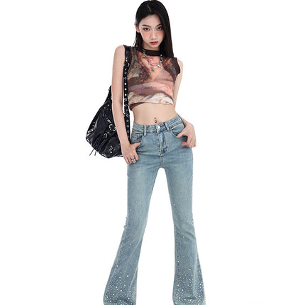 Trendy Heavy-Duty Rhinestone Fashion Flared Jeans for Women, 2026 Spring New Slim-Fit Floor-Length Bell-Bottom Pants