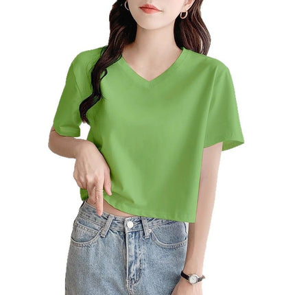 Bright Red V-Neck Short T-Shirt for Women, Summer Loose Short-Sleeve Versatile Petite High-Waisted Crop Top Base Layer