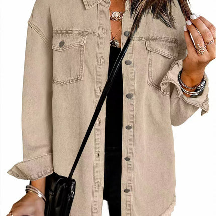 Cross-border New Washed Denim Shirt Jacket 2024 European and American Women's Autumn and Winter Distinctive Street Style Edge Hem Jacket
