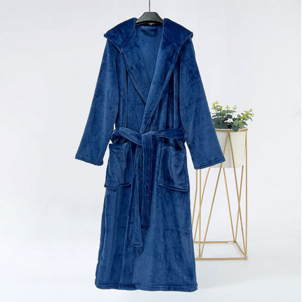 New autumn and winter plain hooded bathrobe flannel home casual nightgown extended thick couple bathrobe wholesale