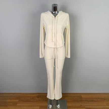 South Korea Dongdaemun Simple Slim-fit Sexy Figure Temperament Hooded Jacket Casual Pants Two-piece Suit for Women