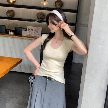 Lyocell Tencel Elegant Mint Green V Neck Right Shoulder Sleeveless Knitwear Women's Summer Pure Desire Slim Versatile Top