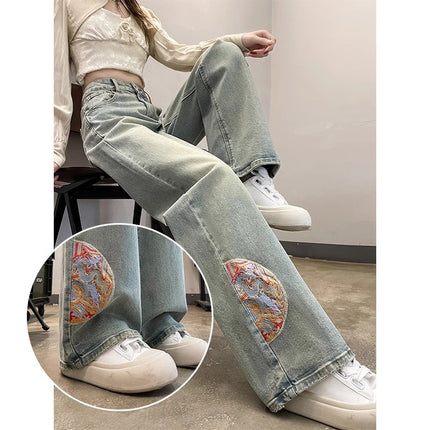 High Waist Wide Leg Jeans Women's Trendy All-match New Explosive Chinese Style Embroidered Loose Narrow Edition Straight Long Pants