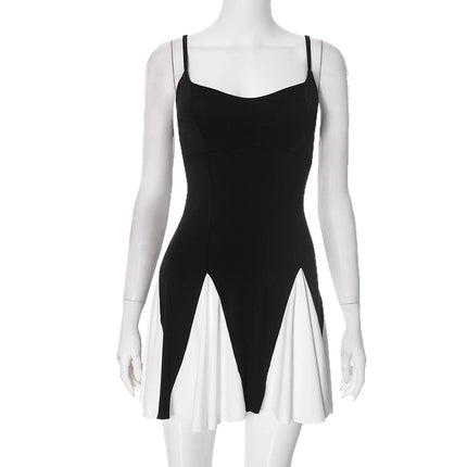 2025 Spring and Summer New Cross-Border Women's Suspender Black and White Stitching Backless Casual Sexy Simple Slim Dress