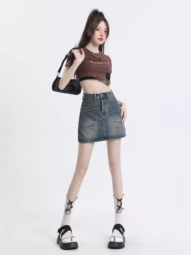 Anti-glare High Waist Denim Skirt Women's Summer New American Style Spice Girl Slimming Straight A- line Hip Short Skirt