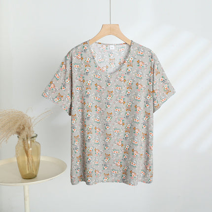 Retro Style Cotton Short-sleeved Women's Middle-aged and Elderly Mother's Vest Printed Outer Wear Base-layer Shirt All-match Artificial Cotton Top