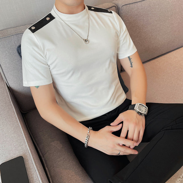 New Products Recommended Men's Short-sleeved T-shirt Small Middle Neck Slim-fit High Elastic Base Shirt Shoulder Button Design Half-sleeved T-shirt