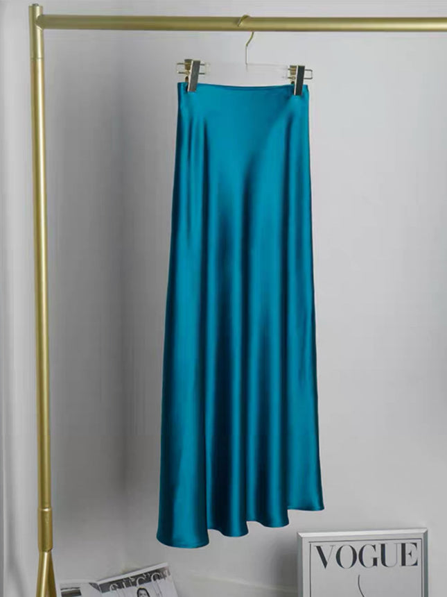 Elastic Waist Triacetate Skirt for Women Peacock Blue Short Mid-Length Slim Elegant Ol Draped Fishtail Aa Version