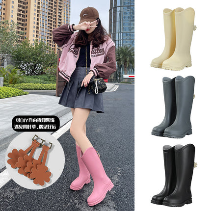 Women's High-Top Rain Boots, Outdoor Fashionable Versatile Waterproof Shoes, Kitchen Work Non-Slip Overshoes, Fleece-Lined Water Boots for Women
