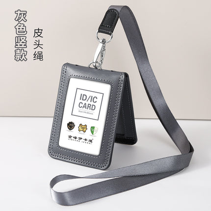Work Card Case Detached Double Card Position Genuine Leather Folding Card Case Chest Card Lanyard Access Control Card Student School Card Rice