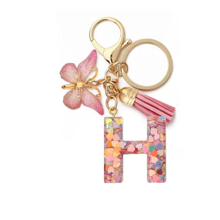 1 Px Pink Heart Sequins Resin English Letter Key Chain Pendant Butterfly Tassel Accessories Key Hanging