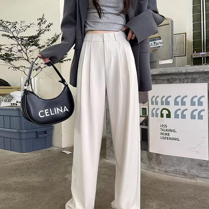 Gray Suit Pants for Women Spring and Summer New High-Waisted Double Pleated Slim Floor-Length Trousers Casual Straight Wide-Leg Pants