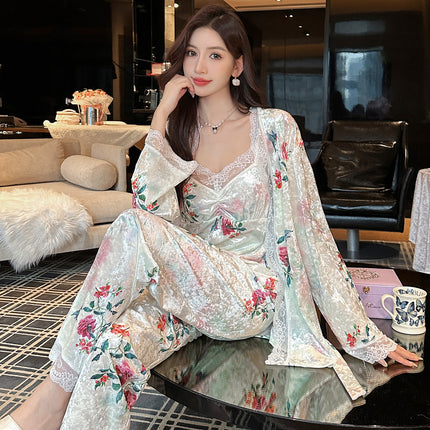 Wholesale Autumn and Winter New Style Gold Velvet Light Luxury Pajamas for Women Gold Velvet Home Clothes Live Broadcast Three-Piece Set Lace Pure Desire