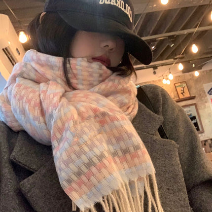 Factory Cream Pink Soft Waxy Plaid Scarf Women's Autumn and Winter Skin-friendly Sweet Soft Girl Rainbow Warm Student Scarf