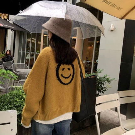 Designed Embroidered Soft and Super Loose Double-Sided Smiley Face Round Neck Sweater Cardigan Winter Korean Fashion Versatile