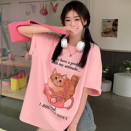 2025 Summer Commuting Letter Cat Creative Printed Loose Short Sleeve T-Shirt Loose Casual Top Small Fresh