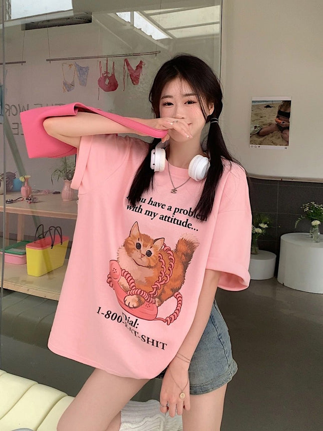 2025 Summer Commuting Letter Cat Creative Printed Loose Short Sleeve T-Shirt Loose Casual Top Small Fresh