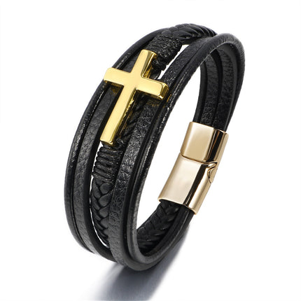 Cross-Border Hot Selling European and American Cross Leather Bracelet Men's Multi-Layer Hand-Woven Rope Magnet Buckle Genuine Leather Bracelet