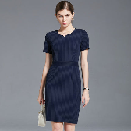 European and American foreign trade summer short-sleeved blue striped hip professional dress beauty salon jewelry store overalls