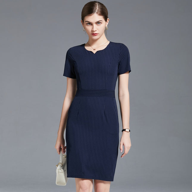 European and American foreign trade summer short-sleeved blue striped hip professional dress beauty salon jewelry store overalls