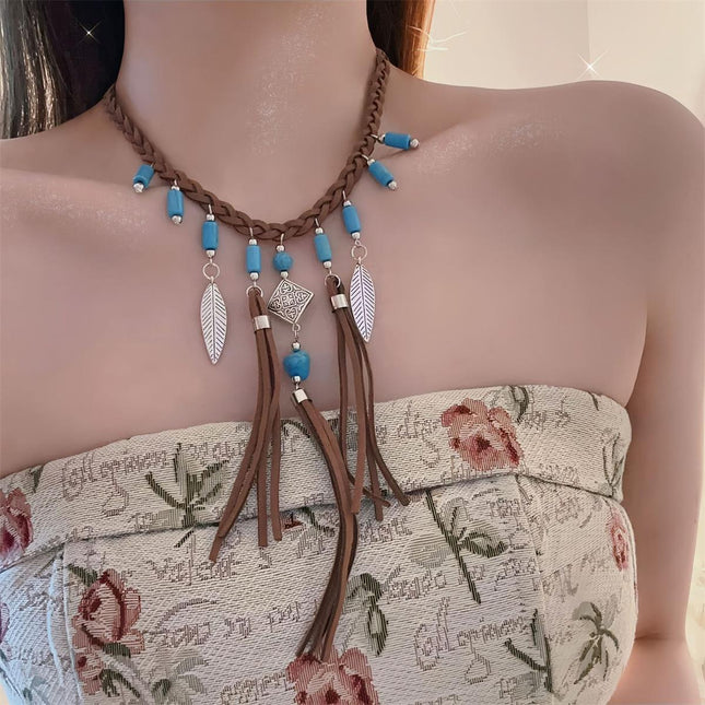 European and American Bohemian Retro Ethnic Style Clavicle Chain Turquoise Feather Tassel Winding Arm Chain Hand-woven Accessories