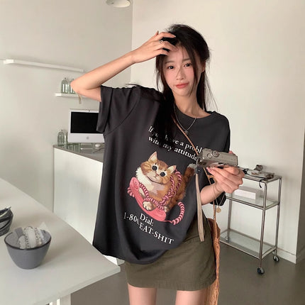 2025 Summer Commuting Letter Cat Creative Printed Loose Short Sleeve T-Shirt Loose Casual Top Small Fresh