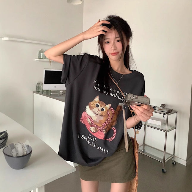2025 Summer Commuting Letter Cat Creative Printed Loose Short Sleeve T-Shirt Loose Casual Top Small Fresh