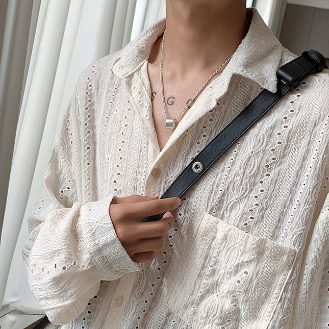 Light Luxury Niche Hollow Design Sense Shirt Men's Ins Neutral Puffy Handsome Loose Long-sleeved Shirt Trendy Chanel Style Coat